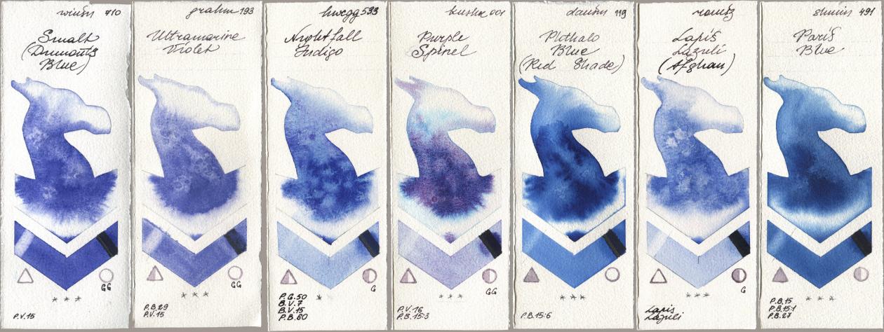 Winsor & Newton Professional 710 Smalt (Dumonts Blue), M. Graham & Co. Artists 193 Ultramarine Violet, Holbein Artists Watercolor 533 Nightfall Indigo, Kusakabe 001 Purple Spinel, Daniel Smith 119 Phthalo Blue (Red Shade), Roman Szmal Aquarius 999 Lapis Lazuli Afghan, Shminke Horadam Aquarell 491 Paris Bl watercolor swatch