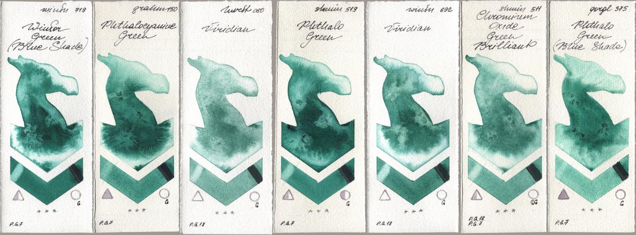 Winsor & Newton Professional 719 Winsor Green (Blue Shade), M. Graham & Co. Artists 150 Phthalocyanine Green, Holbein Artists Watercolor 060 Viridian, Shminke Horadam Aquarell 519 Phthalo Green, 692 Viridian, 511 Chromium Oxide Green Brilliant, Golden QOR 375 Phthalo Green (Blue Shad watercolor swatch