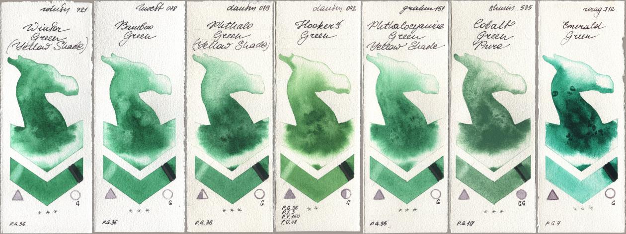 Winsor & Newton Professional 721 Winsor Green (Yellow shade), Holbein Artists Watercolor 078 Bamboo Green, Daniel Smith 079 Phthalo Green (Yellow Shade), 042 Hookers Green, M. Graham & Co. Artists 151 Phthalocyanine Green Yellow Shade, Shminke Horadam Aquarell 535 Cobalt Green Pure, Rosa Gallery 712 Emerald Gre watercolor swatch