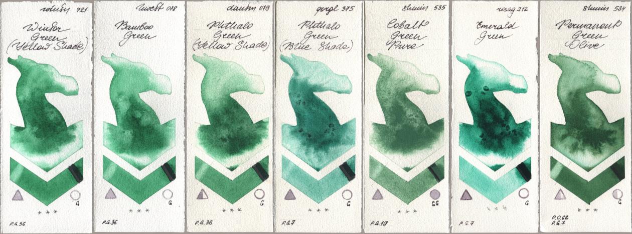 Winsor & Newton Professional 721 Winsor Green (Yellow shade), Holbein Artists Watercolor 078 Bamboo Green, Daniel Smith 079 Phthalo Green (Yellow Shade), Golden QOR 375 Phthalo Green (Blue Shade), Shminke Horadam Aquarell 535 Cobalt Green Pure, Rosa Gallery 712 Emerald Green, 534 Permanent Green Oli watercolor swatch