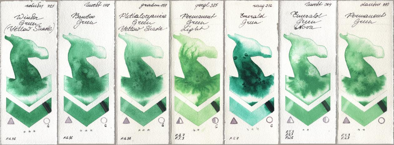 Winsor & Newton Professional 721 Winsor Green (Yellow shade), Holbein Artists Watercolor 078 Bamboo Green, M. Graham & Co. Artists 151 Phthalocyanine Green Yellow Shade, Golden QOR 385 Permanent Green Light, Rosa Gallery 712 Emerald Green, 064 Emerald Green Nova, Daniel Smith 070 Permanent Gre watercolor swatch