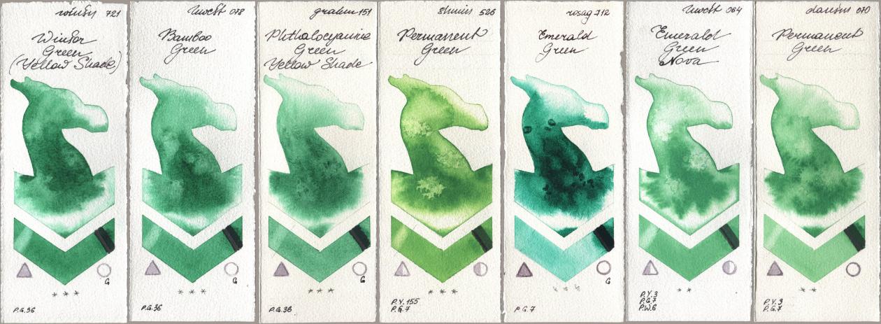 Winsor & Newton Professional 721 Winsor Green (Yellow shade), Holbein Artists Watercolor 078 Bamboo Green, M. Graham & Co. Artists 151 Phthalocyanine Green Yellow Shade, Shminke Horadam Aquarell 526 Permanent Green, Rosa Gallery 712 Emerald Green, 064 Emerald Green Nova, Daniel Smith 070 Permanent Gre watercolor swatch