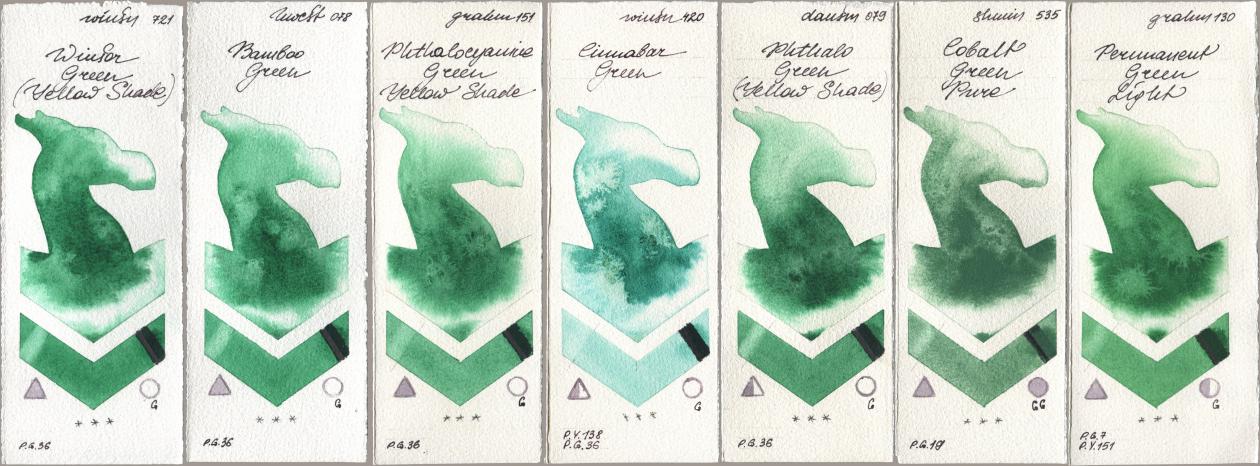 Winsor & Newton Professional 721 Winsor Green (Yellow shade), Holbein Artists Watercolor 078 Bamboo Green, M. Graham & Co. Artists 151 Phthalocyanine Green Yellow Shade, 420 Cinnabar Green, Daniel Smith 079 Phthalo Green (Yellow Shade), Shminke Horadam Aquarell 535 Cobalt Green Pure, 130 Permanent Green Lig watercolor swatch