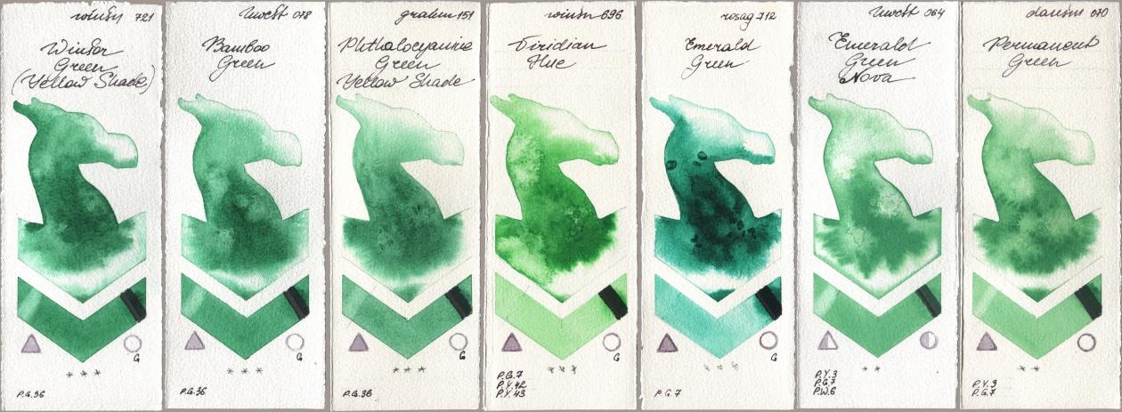 Winsor & Newton Professional 721 Winsor Green (Yellow shade), Holbein Artists Watercolor 078 Bamboo Green, M. Graham & Co. Artists 151 Phthalocyanine Green Yellow Shade, 696 Viridian Hue, Rosa Gallery 712 Emerald Green, 064 Emerald Green Nova, Daniel Smith 070 Permanent Gre watercolor swatch