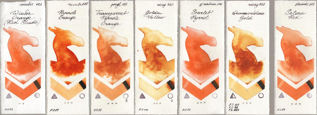 Winsor & Newton Professional 723 Winsor Orange (Red Shade), Royal Talens Rembrandt Watercolour 278 Pyrrole Orange, Golden QOR 185 Transparent Pyrrole Orange, Rosa Gallery 730 Golden Yellow, M. Graham & Co. Artists 176 Scarlet Pyrrol, 735 Quinacridone Gold, Shminke Horadam Aquarell 359 Saturn R watercolor swatch