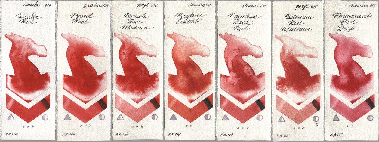 Winsor & Newton Professional 726 Winsor Red, M. Graham & Co. Artists 154 Pyrrol Red, Golden QOR 210 Pyrrole Red Medium, Daniel Smith 076 Perylene Scarlet, Shminke Horadam Aquarell 344 Perylene Dark Red, 215 Cadmium Red Medium, 069 Permanent Red De watercolor swatch