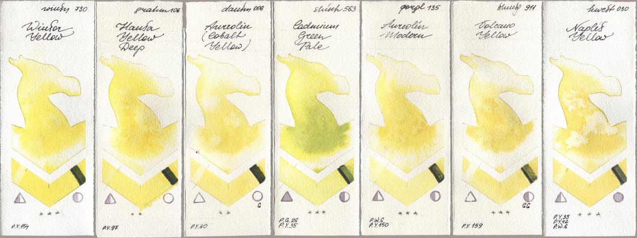 Winsor & Newton Professional 730 Winsor Yellow, M. Graham & Co. Artists 106 Hansa Yellow Deep, Daniel Smith 006 Aureolin (Cobalt Yellow), Shinhan PWC 563 Cadmium Green Pale, Golden QOR 135 Aureolin Modern, Shminke Horadam Aquarell 911 Volcano Yellow, Holbein Artists Watercolor 030 Naples Yell watercolor swatch
