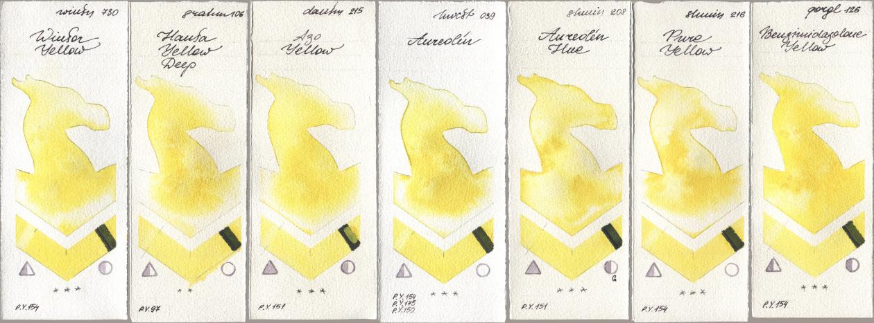 Winsor & Newton Professional 730 Winsor Yellow, M. Graham & Co. Artists 106 Hansa Yellow Deep, Daniel Smith 215 Azo Yellow, Holbein Artists Watercolor 039 Aureolin, Shminke Horadam Aquarell 208 Aureolin Hue, 216 Pure Yellow, Golden QOR 126 Benzimidazolone Yell watercolor swatch
