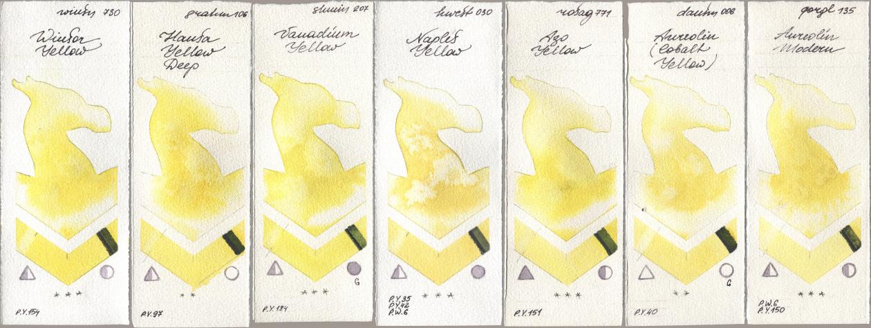 Winsor & Newton Professional 730 Winsor Yellow, M. Graham & Co. Artists 106 Hansa Yellow Deep, Shminke Horadam Aquarell 207 Vanadium Yellow, Holbein Artists Watercolor 030 Naples Yellow, Rosa Gallery 771 Azo Yellow, Daniel Smith 006 Aureolin (Cobalt Yellow), Golden QOR 135 Aureolin Mode watercolor swatch