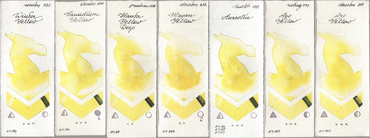 Winsor & Newton Professional 730 Winsor Yellow, Shminke Horadam Aquarell 207 Vanadium Yellow, M. Graham & Co. Artists 106 Hansa Yellow Deep, Daniel Smith 212 Mayan Yellow, Holbein Artists Watercolor 039 Aureolin, Rosa Gallery 771 Azo Yellow, 215 Azo Yell watercolor swatch