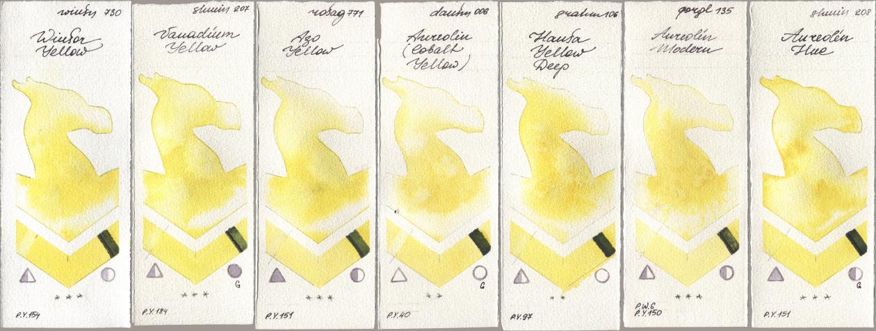 Winsor & Newton Professional 730 Winsor Yellow, Shminke Horadam Aquarell 207 Vanadium Yellow, Rosa Gallery 771 Azo Yellow, Daniel Smith 006 Aureolin (Cobalt Yellow), M. Graham & Co. Artists 106 Hansa Yellow Deep, Golden QOR 135 Aureolin Modern, 208 Aureolin H watercolor swatch