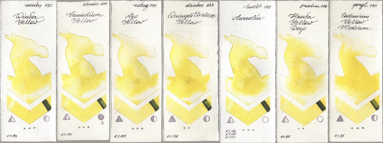 Winsor & Newton Professional 730 Winsor Yellow, Shminke Horadam Aquarell 207 Vanadium Yellow, Rosa Gallery 771 Azo Yellow, Daniel Smith 223 Quinophthalone Yellow, Holbein Artists Watercolor 039 Aureolin, M. Graham & Co. Artists 106 Hansa Yellow Deep, Golden QOR 130 Cadmium Yellow Medi watercolor swatch