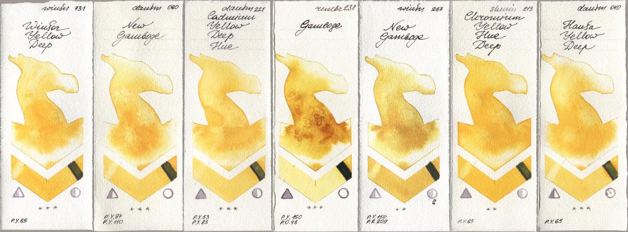 Winsor & Newton Professional 731 Winsor Yellow Deep, Daniel Smith 060 New Gamboge, 221 Cadmium Yellow Deep Hue, Royal Talens Rembrandt Watercolour 238 Gamboge, 267 New Gamboge, Shminke Horadam Aquarell 213 Chrome Yellow Deep LF (Chromium Yellow Hue Deep), 040 Hansa Yellow De watercolor swatch