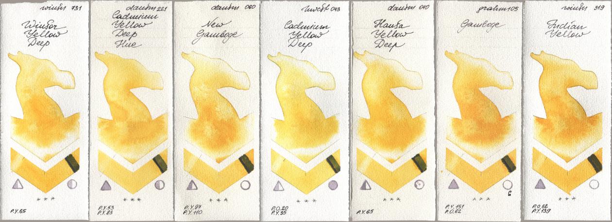 Winsor & Newton Professional 731 Winsor Yellow Deep, Daniel Smith 221 Cadmium Yellow Deep Hue, 060 New Gamboge, Holbein Artists Watercolor 043 Cadmium Yellow Deep, 040 Hansa Yellow Deep, M. Graham & Co. Artists 105 Gamboge, 319 Indian Yell watercolor swatch