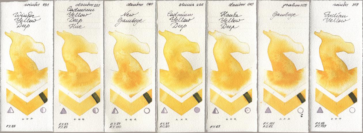 Winsor & Newton Professional 731 Winsor Yellow Deep, Daniel Smith 221 Cadmium Yellow Deep Hue, 060 New Gamboge, Shminke Horadam Aquarell 226 Cadmium Yellow Deep, 040 Hansa Yellow Deep, M. Graham & Co. Artists 105 Gamboge, 319 Indian Yell watercolor swatch