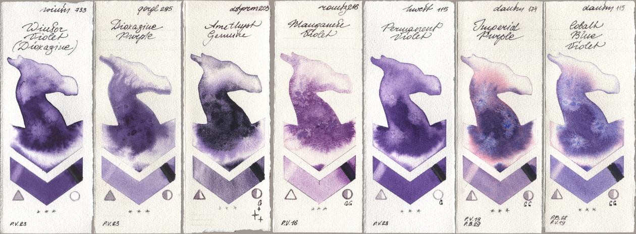 Winsor & Newton Professional 733 Winsor Violet (Dioxazine), Golden QOR 295 Dioxazine Purple, Daniel Smith 203 Amethyst Genuine, Roman Szmal Aquarius 216 Manganese Violet, Holbein Artists Watercolor 115 Permanent Violet, 174 Imperial Purple, 115 Cobalt Blue Viol watercolor swatch
