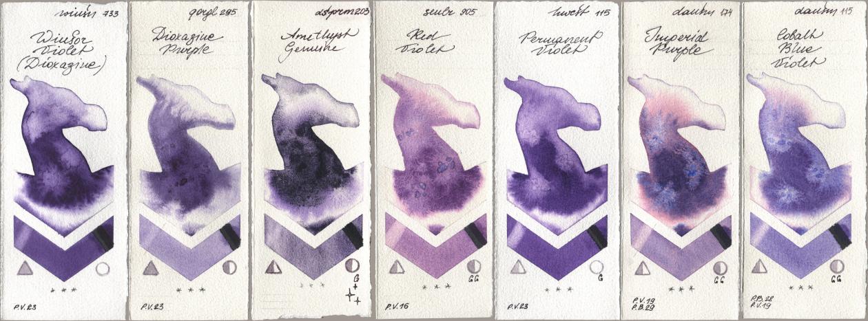 Winsor & Newton Professional 733 Winsor Violet (Dioxazine), Golden QOR 295 Dioxazine Purple, Daniel Smith 203 Amethyst Genuine, Sennelier l Aquarelle 905 Red Violet, Holbein Artists Watercolor 115 Permanent Violet, 174 Imperial Purple, 115 Cobalt Blue Viol watercolor swatch