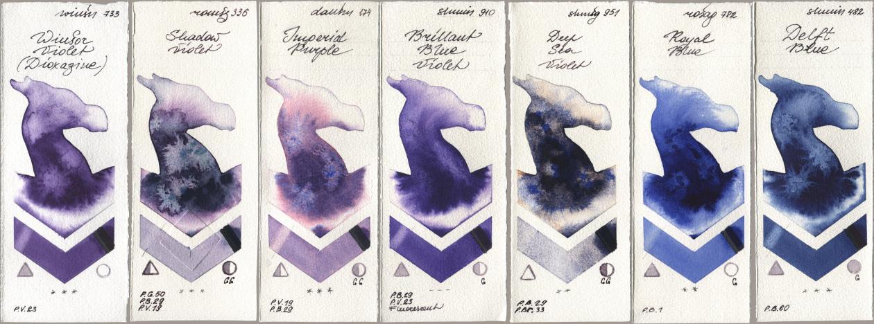 Winsor & Newton Professional 733 Winsor Violet (Dioxazine), Roman Szmal Aquarius 336 Shadow Violet, Daniel Smith 174 Imperial Purple, Shminke Horadam Aquarell 910 Brilliant Blue Violet, 951 Deep Sea Violet, Rosa Gallery 782 Royal Blue, 482 Delft Bl watercolor swatch
