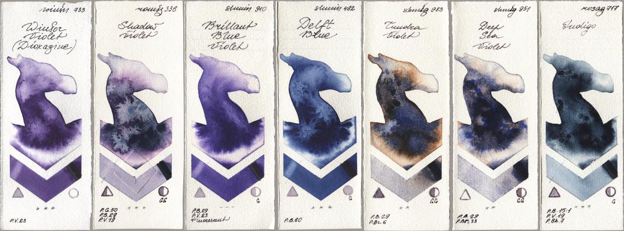 Winsor & Newton Professional 733 Winsor Violet (Dioxazine), Roman Szmal Aquarius 336 Shadow Violet, Shminke Horadam Aquarell 910 Brilliant Blue Violet, 482 Delft Blue, 983 Tundra Violet, 951 Deep Sea Violet, Rosa Gallery 717 Indi watercolor swatch