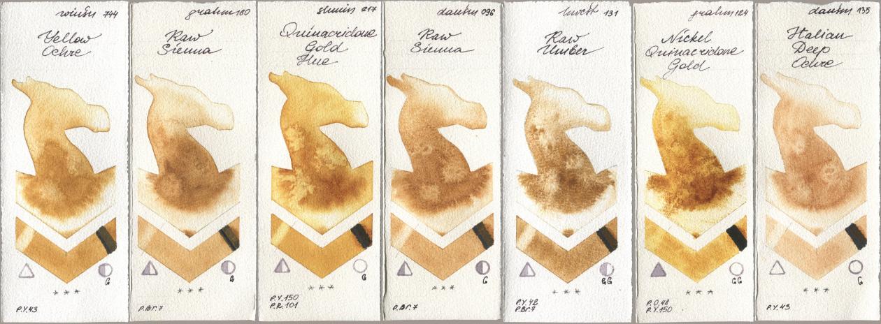 Winsor & Newton Professional 744 Yellow Ochre, M. Graham & Co. Artists 160 Raw Sienna, Shminke Horadam Aquarell 217 Quinacridone Gold Hue, Daniel Smith 096 Raw Sienna, Holbein Artists Watercolor 131 Raw Umber, 124 Nickel Quinacridone Gold, 135 Italian Deep Och watercolor swatch