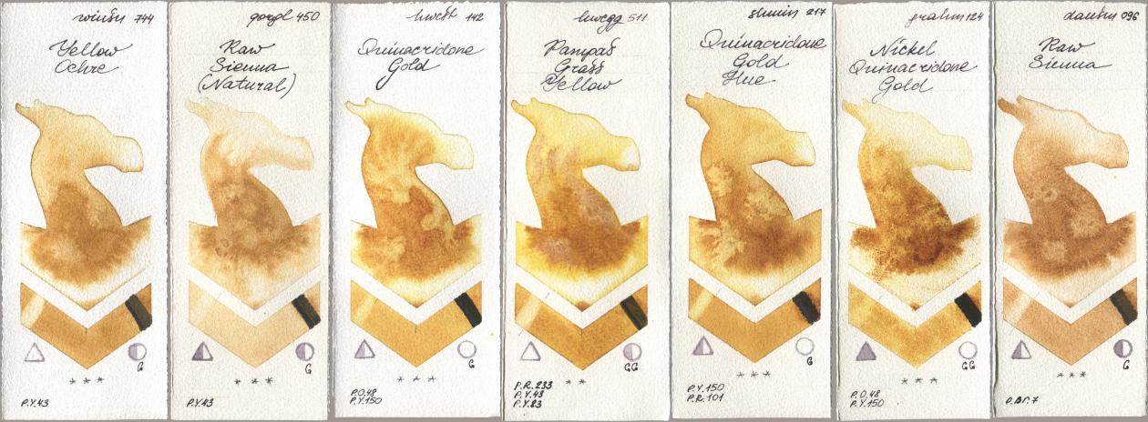 Winsor & Newton Professional 744 Yellow Ochre, Golden QOR 450 Raw Sienna (Natural), Holbein Artists Watercolor 142 Quinacridone Gold, 511 Pampas Grass Yellow, Shminke Horadam Aquarell 217 Quinacridone Gold Hue, M. Graham & Co. Artists 124 Nickel Quinacridone Gold, Daniel Smith 096 Raw Sien watercolor swatch