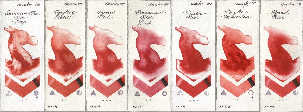 Winsor & Newton Professional 895 Cadmium-Free Red Deep, Daniel Smith 076 Perylene Scarlet, 084 Pyrrol Red, 069 Permanent Red Deep, 726 Winsor Red, Roman Szmal Aquarius 370 Perylene Vermillion, M. Graham & Co. Artists 154 Pyrrol R watercolor swatch
