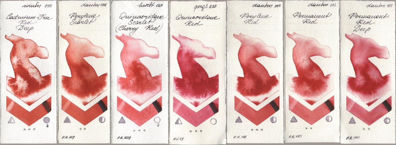 Winsor & Newton Professional 895 Cadmium-Free Red Deep, Daniel Smith 076 Perylene Scarlet, Holbein Artists Watercolor 027 Quinacridone Scarlet (Cherry Red), Golden QOR 235 Quinacridone Red, 075 Perylene Red, 072 Permanent Red, 069 Permanent Red De watercolor swatch