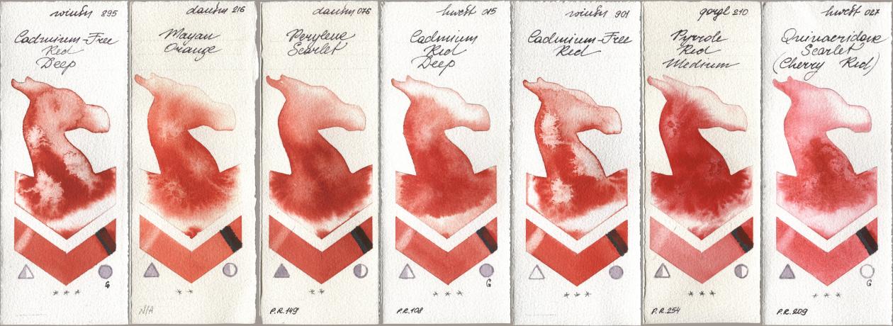 Winsor & Newton Professional 895 Cadmium-Free Red Deep, Daniel Smith 216 Mayan Orange, 076 Perylene Scarlet, Holbein Artists Watercolor 015 Cadmium Red Deep, 901 Cadmium-Free Red, Golden QOR 210 Pyrrole Red Medium, 027 Quinacridone Scarlet (Cherry Re watercolor swatch