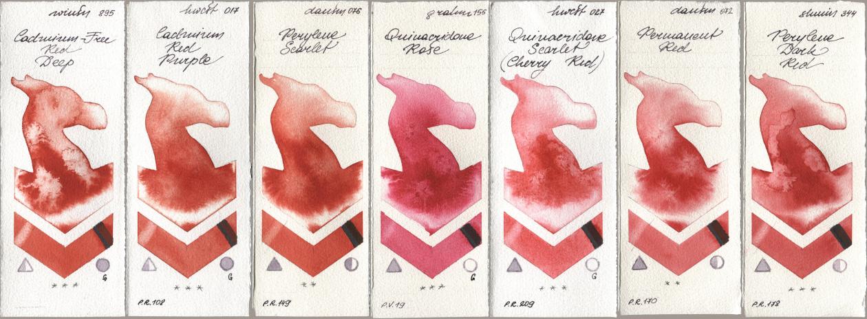 Winsor & Newton Professional 895 Cadmium-Free Red Deep, Holbein Artists Watercolor 017 Cadmium Red Purple, Daniel Smith 076 Perylene Scarlet, M. Graham & Co. Artists 156 Quinacridone Rose, 027 Quinacridone Scarlet (Cherry Red), 072 Permanent Red, Shminke Horadam Aquarell 344 Perylene Dark R watercolor swatch