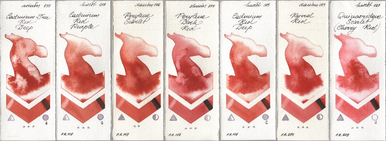 Winsor & Newton Professional 895 Cadmium-Free Red Deep, Holbein Artists Watercolor 017 Cadmium Red Purple, Daniel Smith 076 Perylene Scarlet, Shminke Horadam Aquarell 344 Perylene Dark Red, 015 Cadmium Red Deep, 084 Pyrrol Red, 027 Quinacridone Scarlet (Cherry Re watercolor swatch