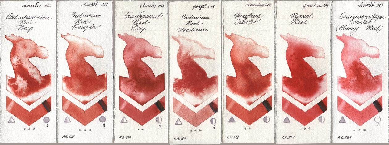 Winsor & Newton Professional 895 Cadmium-Free Red Deep, Holbein Artists Watercolor 017 Cadmium Red Purple, Shminke Horadam Aquarell 355 Transparent Red Deep, Golden QOR 215 Cadmium Red Medium, Daniel Smith 076 Perylene Scarlet, M. Graham & Co. Artists 154 Pyrrol Red, 027 Quinacridone Scarlet (Cherry Re watercolor swatch