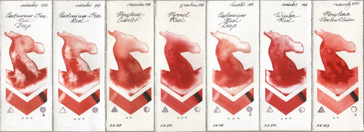 Winsor & Newton Professional 895 Cadmium-Free Red Deep, 901 Cadmium-Free Red, Daniel Smith 076 Perylene Scarlet, M. Graham & Co. Artists 154 Pyrrol Red, Holbein Artists Watercolor 015 Cadmium Red Deep, 726 Winsor Red, Roman Szmal Aquarius 370 Perylene Vermilli watercolor swatch