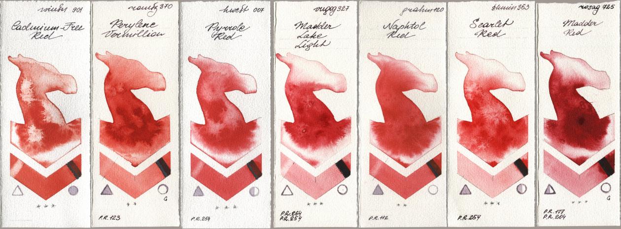 Winsor & Newton Professional 901 Cadmium-Free Red, Roman Szmal Aquarius 370 Perylene Vermillion, Holbein Artists Watercolor 007 Pyrrole Red, Royal Talens Van Gogh Watercolour 327 Madder Lake Light, M. Graham & Co. Artists 120 Naphthol Red, Shminke Horadam Aquarell 363 Scarlet Red, Rosa Gallery 725 Madder R watercolor swatch