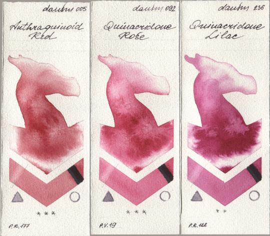 Daniel Smith 005 Anthraquinoid Red, 092 Quinacridone Rose, 236 Quinacridone Lil watercolor swatch