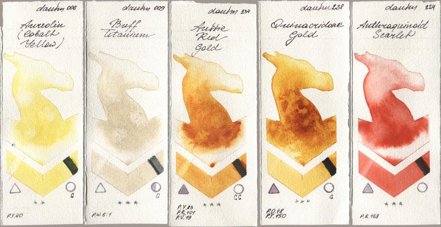 Daniel Smith 006 Aureolin (Cobalt Yellow), 009 Buff Titanium, 234 Aussie Red Gold, 238 Quinacridone Gold, 224 Anthraquinoid Scarl watercolor swatch