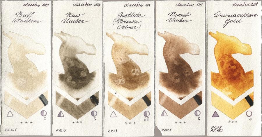 Daniel Smith 009 Buff Titanium, 097 Raw Umber, 144 Goethite (Brown Ochre), 011 Burnt Umber, 238 Quinacridone Go watercolor swatch