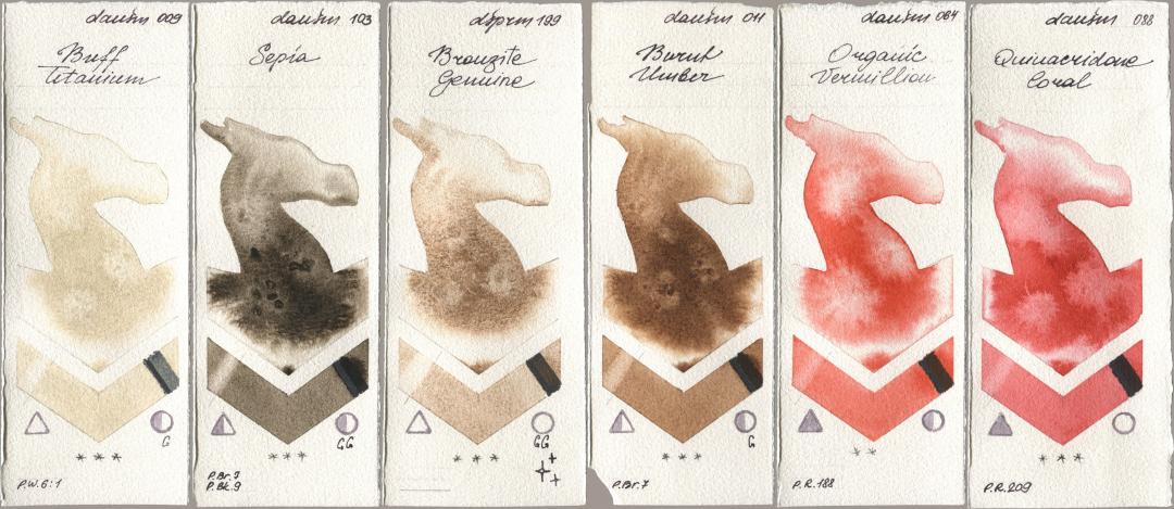Daniel Smith 009 Buff Titanium, 103 Sepia, 199 Bronzite Genuine, 011 Burnt Umber, 064 Organic Vermilion, 088 Quinacridone Cor watercolor swatch