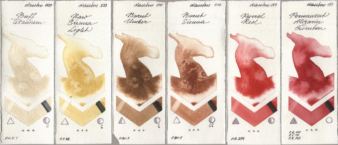 Daniel Smith 009 Buff Titanium, 233 Raw Sienna Light, 011 Burnt Umber, 010 Burnt Sienna, 084 Pyrrol Red, 185 Permanent Alizarin Crims watercolor swatch