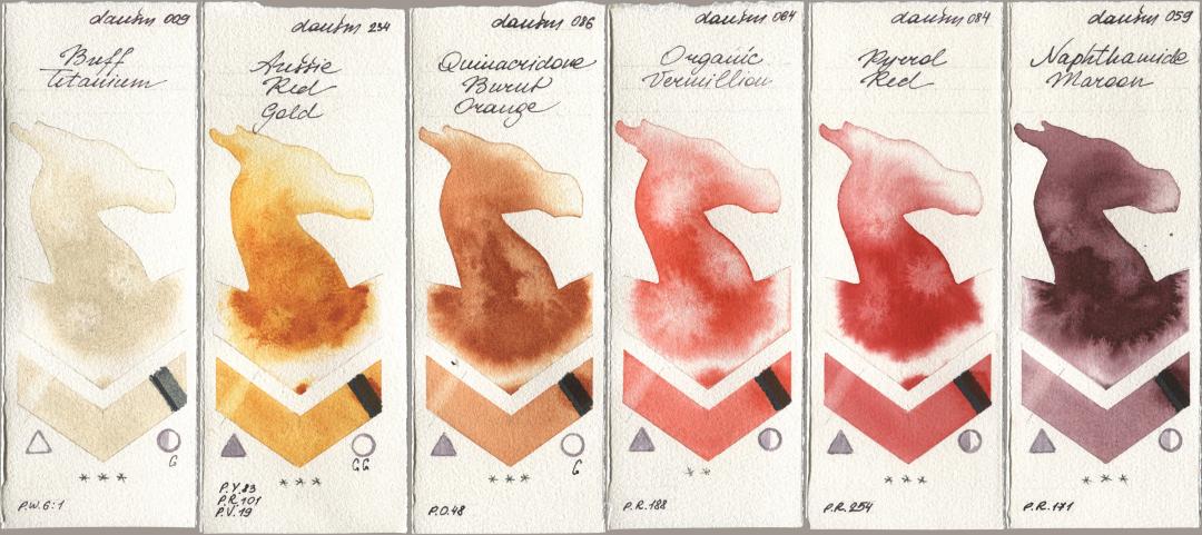 Daniel Smith 009 Buff Titanium, 234 Aussie Red Gold, 086 Quinacridone Burnt Orange, 064 Organic Vermilion, 084 Pyrrol Red, 059 Naphthamide Maro watercolor swatch