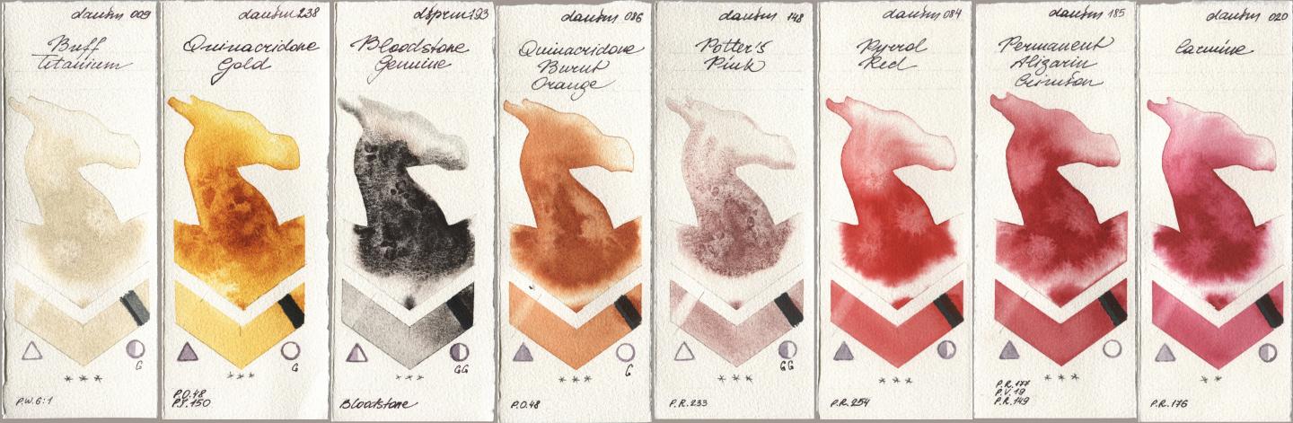 Daniel Smith 009 Buff Titanium, 238 Quinacridone Gold, 193 Bloodstone Genuine, 086 Quinacridone Burnt Orange, 148 Potters Pink, 084 Pyrrol Red, 185 Permanent Alizarin Crimson, 020 Carmi watercolor swatch
