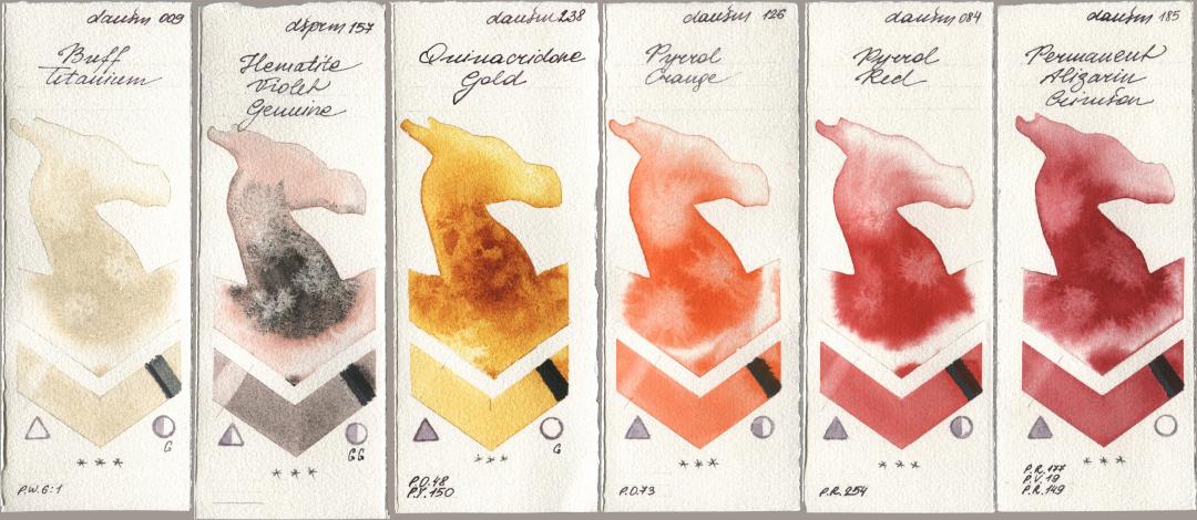 Daniel Smith 009 Buff Titanium, 157 Hematite Violet Genuine, 238 Quinacridone Gold, 126 Pyrrol Orange, 084 Pyrrol Red, 185 Permanent Alizarin Crims watercolor swatch