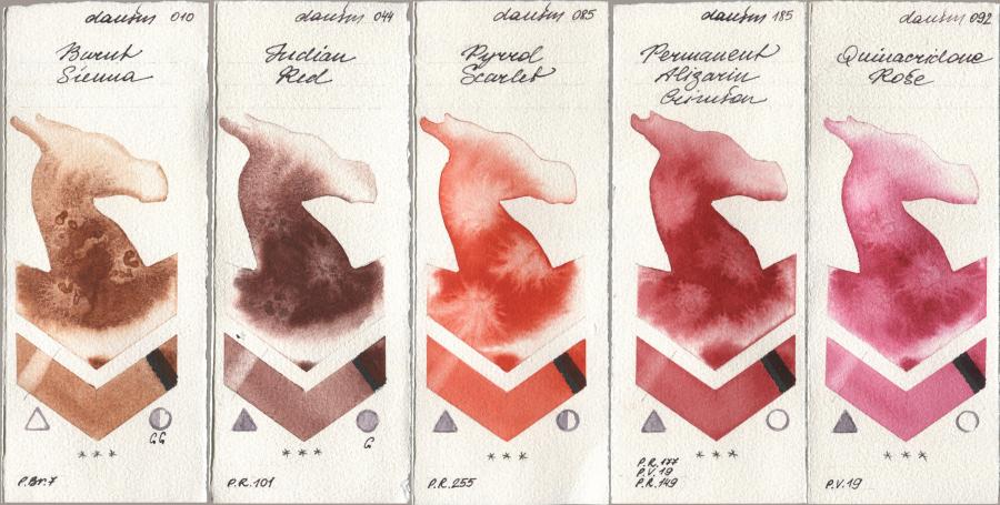 Daniel Smith 010 Burnt Sienna, 044 Indian Red, 085 Pyrrol Scarlet, 185 Permanent Alizarin Crimson, 092 Quinacridone Ro watercolor swatch
