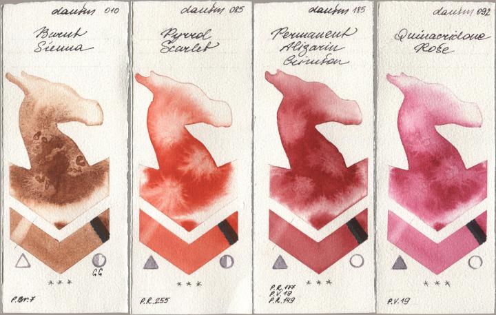 Daniel Smith 010 Burnt Sienna, 085 Pyrrol Scarlet, 185 Permanent Alizarin Crimson, 092 Quinacridone Ro watercolor swatch