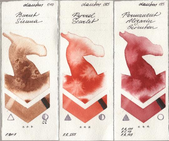 Daniel Smith 010 Burnt Sienna, 085 Pyrrol Scarlet, 185 Permanent Alizarin Crims watercolor swatch