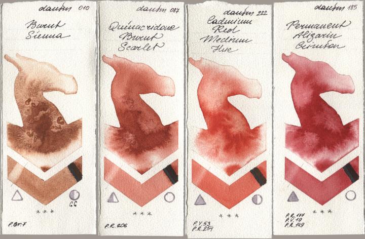 Daniel Smith 010 Burnt Sienna, 087 Quinacridone Burnt Scarlet, 222 Cadmium Red Medium Hue, 185 Permanent Alizarin Crims watercolor swatch