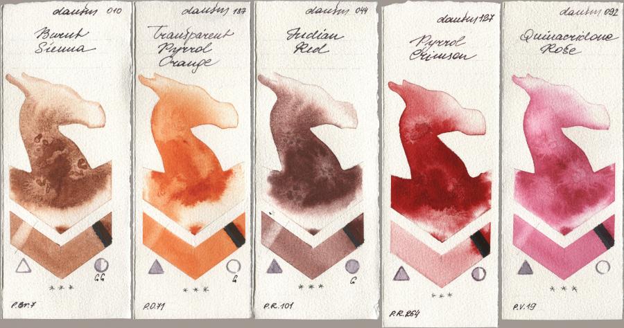 Daniel Smith 010 Burnt Sienna, 187 Transparent Pyrrol Orange, 044 Indian Red, 127 Pyrrol Crimson, 092 Quinacridone Ro watercolor swatch