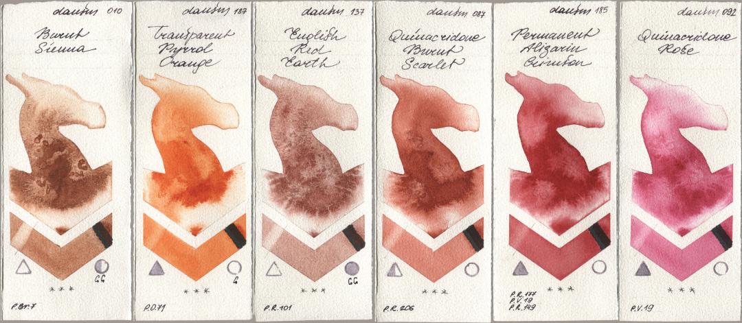Daniel Smith 010 Burnt Sienna, 187 Transparent Pyrrol Orange, 137 English Red Earth, 087 Quinacridone Burnt Scarlet, 185 Permanent Alizarin Crimson, 092 Quinacridone Ro watercolor swatch