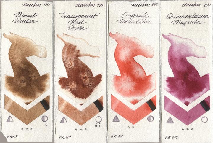 Daniel Smith 011 Burnt Umber, 130 Transparent Red Oxide, 064 Organic Vermilion, 090 Quinacridone Magen watercolor swatch