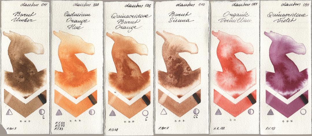 Daniel Smith 011 Burnt Umber, 220 Cadmium Orange Hue, 086 Quinacridone Burnt Orange, 010 Burnt Sienna, 064 Organic Vermilion, 094 Quinacridone Viol watercolor swatch
