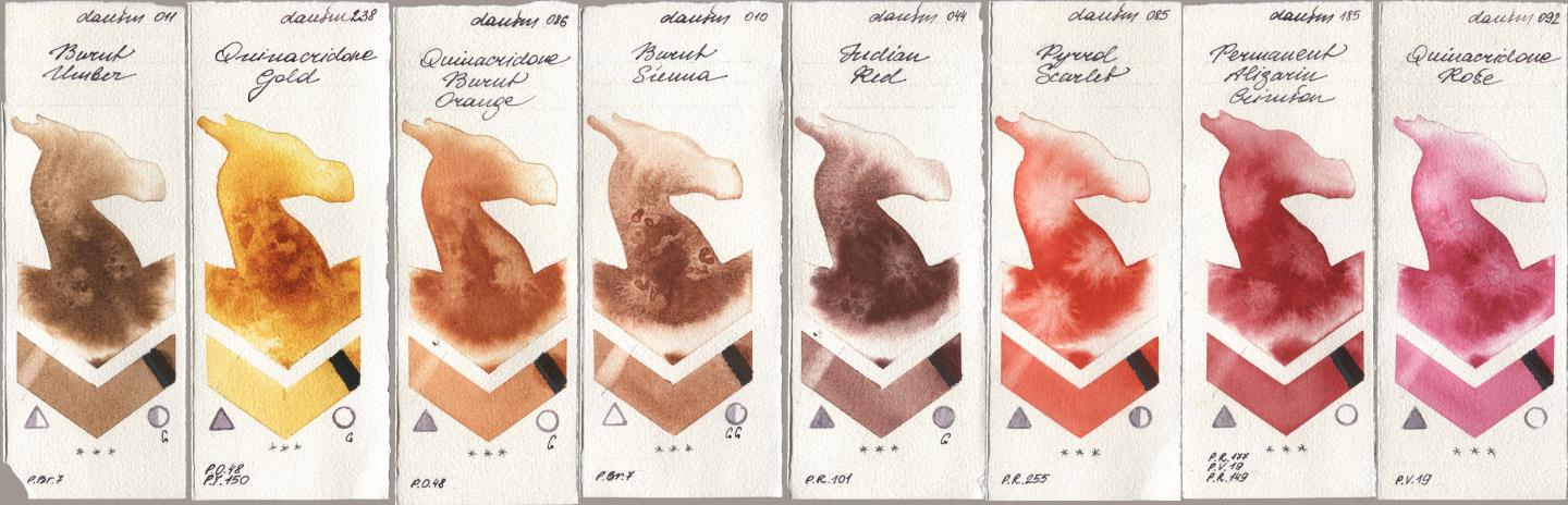 Daniel Smith 011 Burnt Umber, 238 Quinacridone Gold, 086 Quinacridone Burnt Orange, 010 Burnt Sienna, 044 Indian Red, 085 Pyrrol Scarlet, 185 Permanent Alizarin Crimson, 092 Quinacridone Ro watercolor swatch
